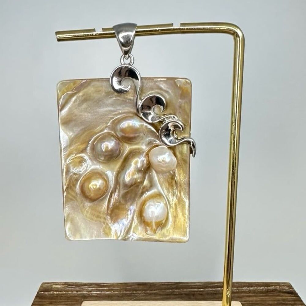 Large Sterling Silver Blister Pearls Mother Of Pearl Pendant w/Silver Swirl 2”
